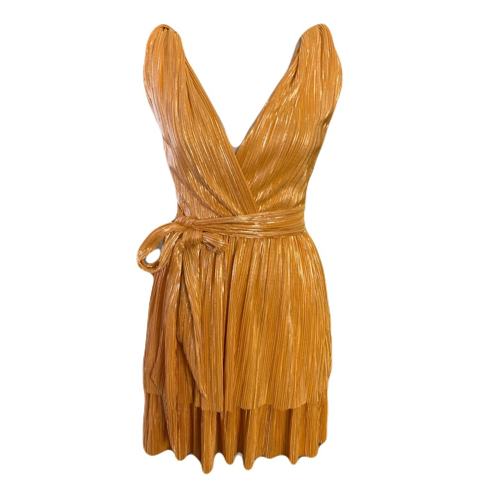 Sabina Musayev Small Orange Gold Pleated V Neck Tiered Deep V Neck Mini Dress